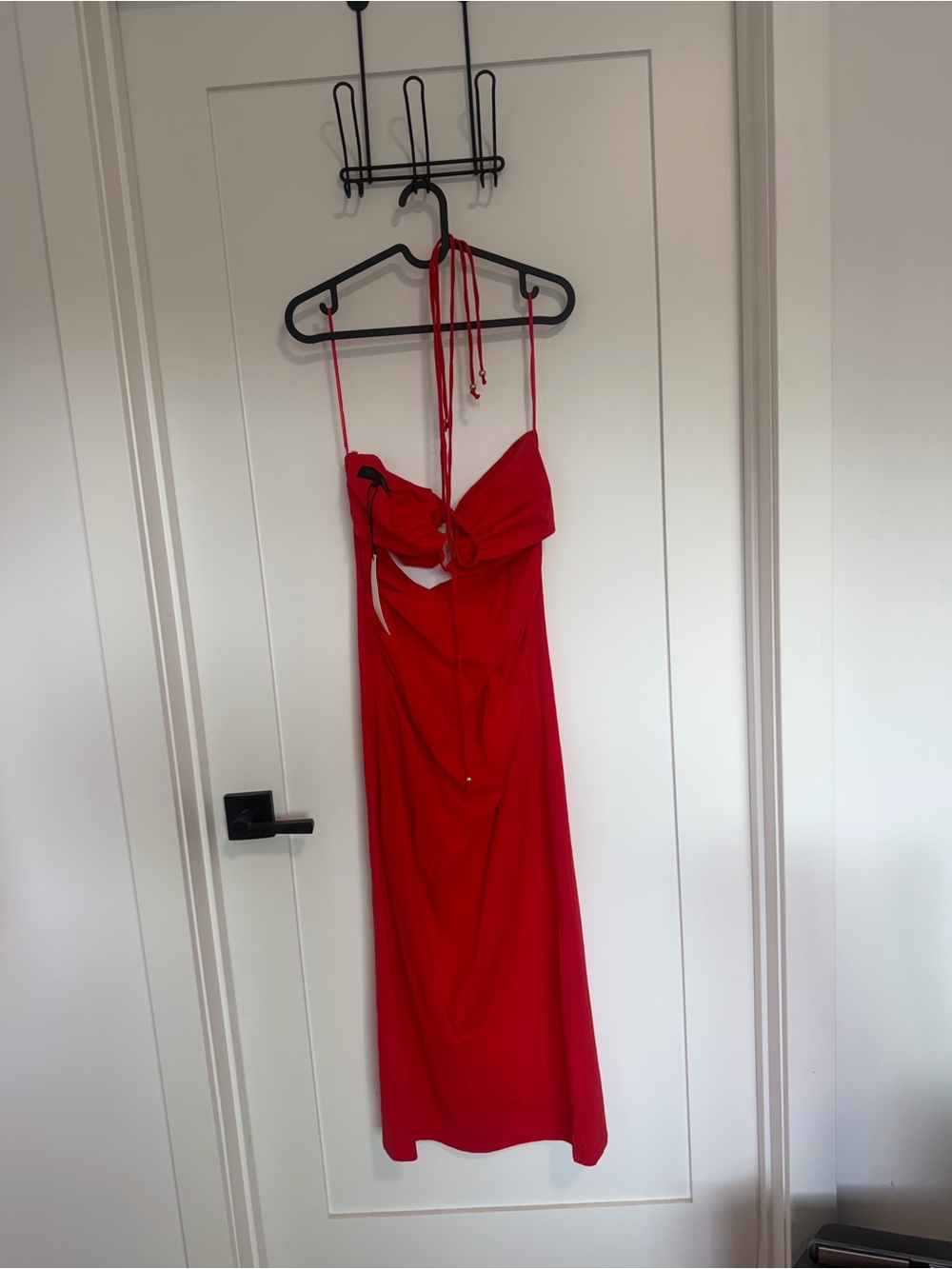 Zara Red Midi Dress with Tie Neck and Knot Front